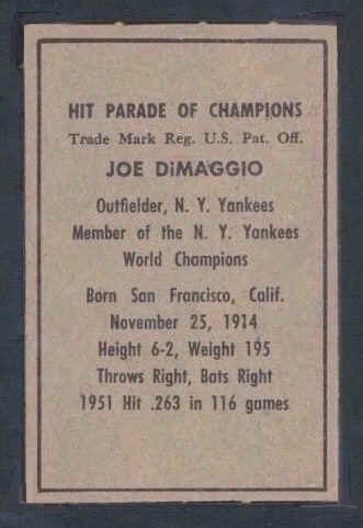 1952 Berk Ross Joe DiMaggio Card Back